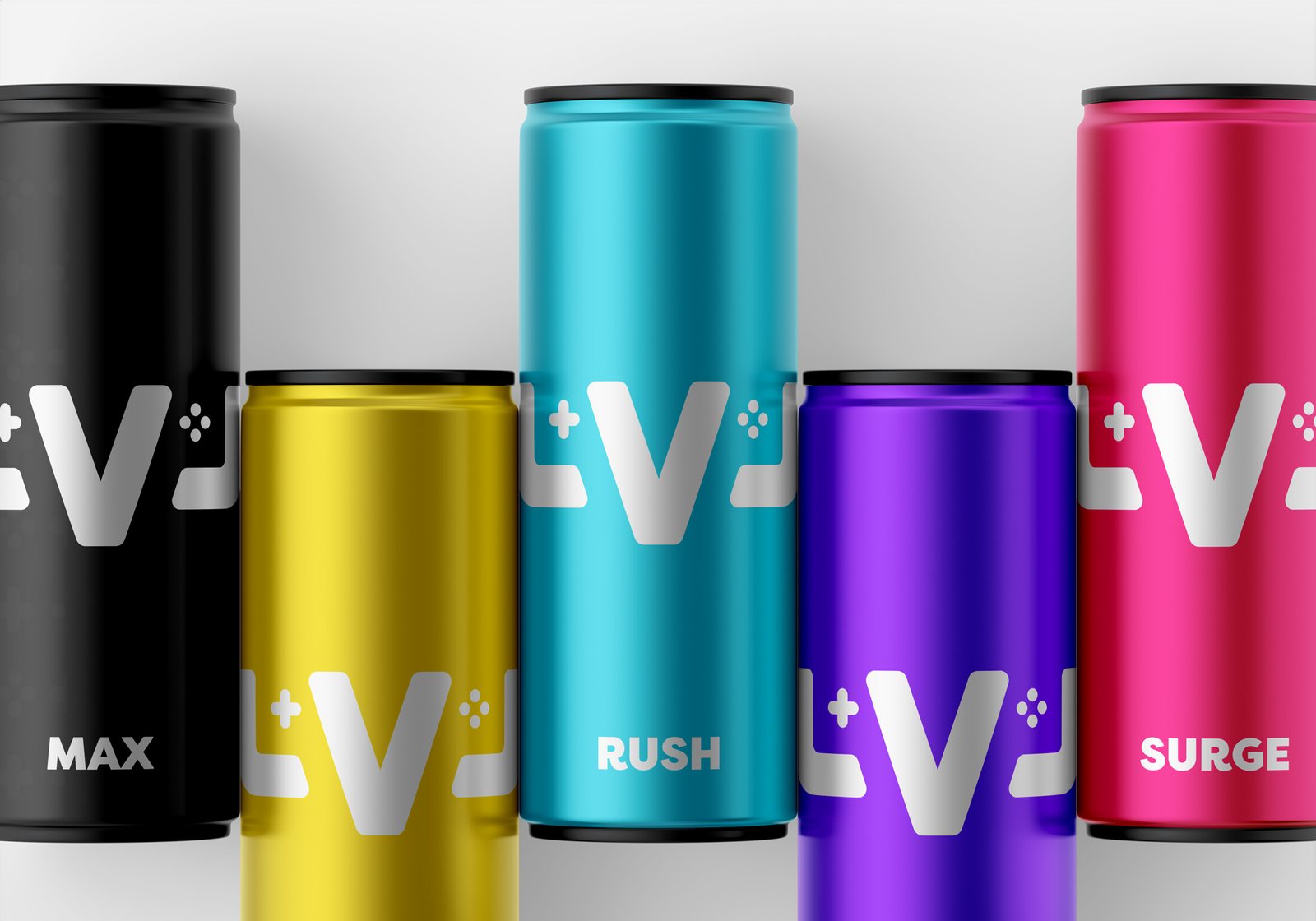 A mockup of LVL energy drink cans in several flavour colourways.
