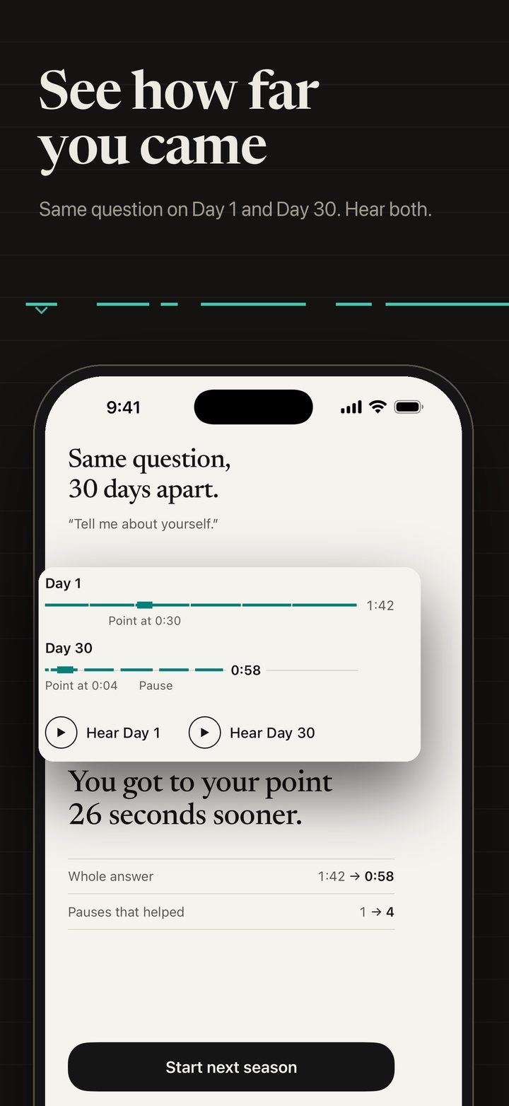 Sayforth screen titled Same question, 30 days apart: the Day 1 and Day 30 answers drawn as two lines with Hear Day 1 and Hear Day 30 buttons, and the result You got to your point 26 seconds sooner.