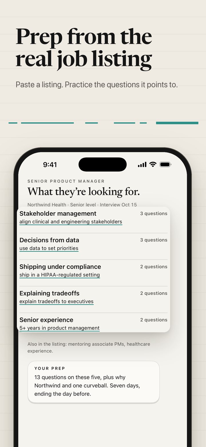 Sayforth interview prep screen titled What they are looking for, with the questions a pasted job listing points to, grouped by theme and ending with a card describing the prep plan.