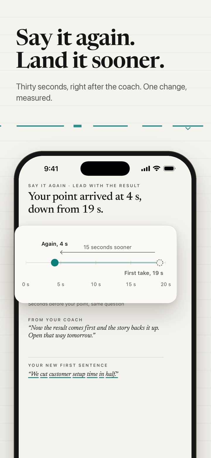Sayforth Say it again result: Your point arrived at 4 seconds, down from 19, drawn on a line from 0 to 20 seconds, with a note from your coach and your new first sentence.