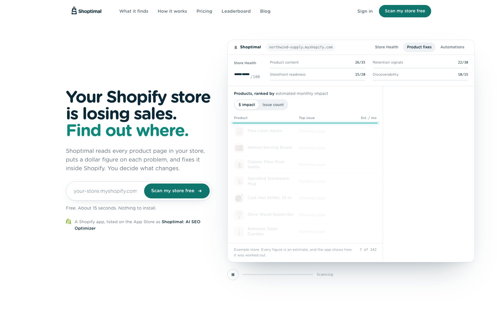 Shoptimal scanning a store: a health score fills in, products re-rank by estimated monthly impact, a new meta description is typed in, and the cursor moves to Approve.