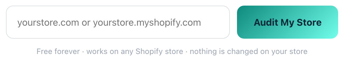 The free audit field on shoptimal.io: a box for a store address and an Audit My Store button, with a note that nothing is changed on your store.