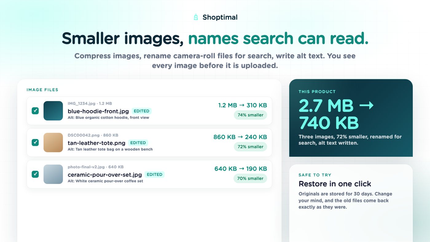 Shoptimal App Store image: three product images compressed, one from 2.7 megabytes to 740 kilobytes, with a Restore in one click note.